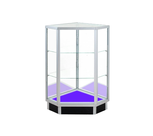 38″H Silver Extra Vision Pentagon Corner Case w/ RGB Lighted Base